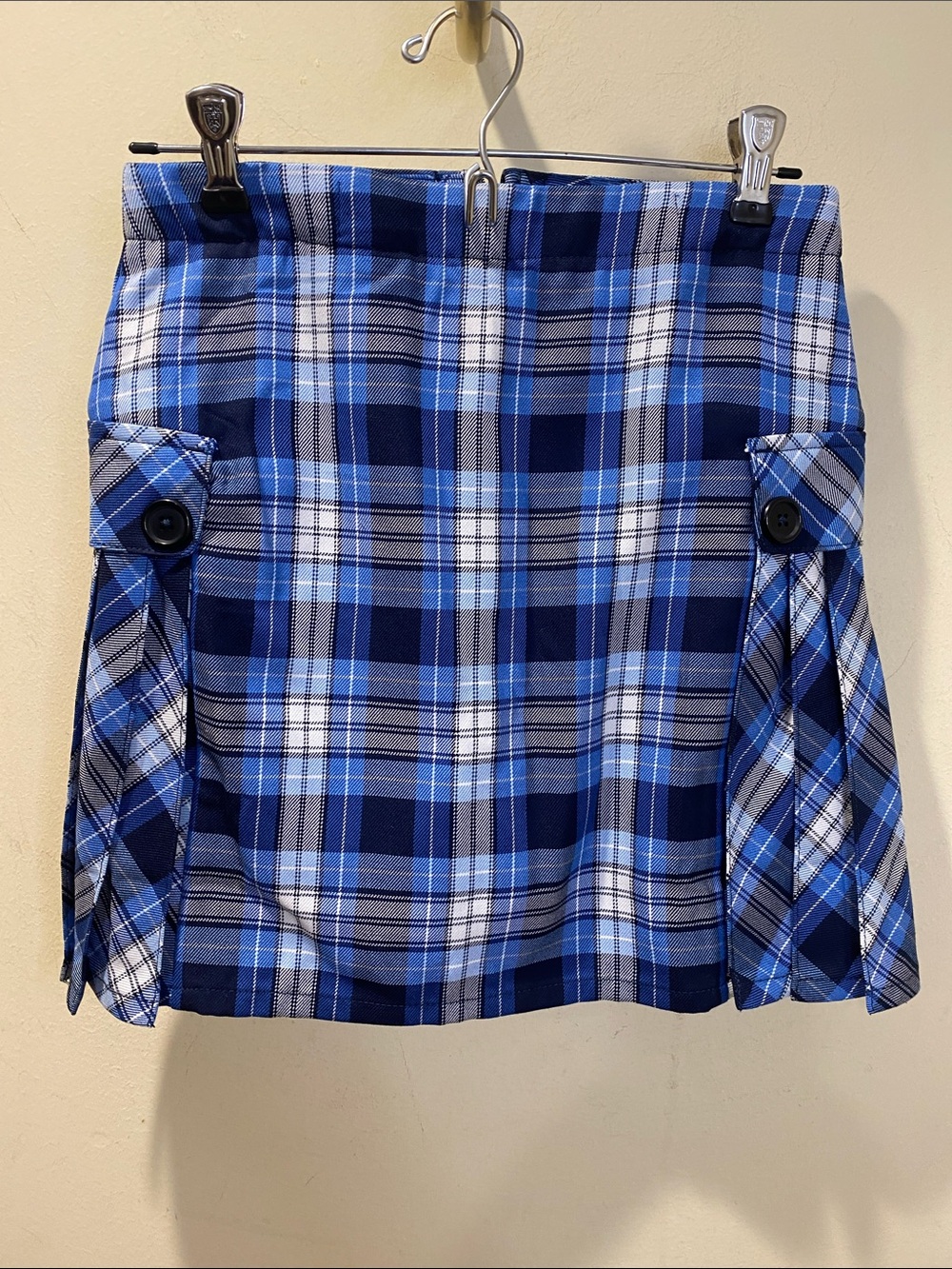 LAND'S END Blue Plaid Pleated Sxhool Uniform  Mini Skort Side Button Tabs Sz 12S